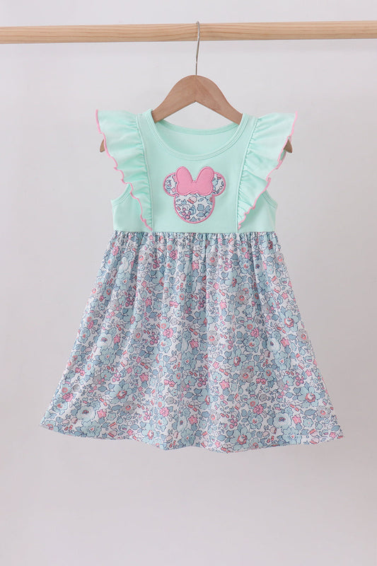 Mint Floral Character Applique Ruffle Dress