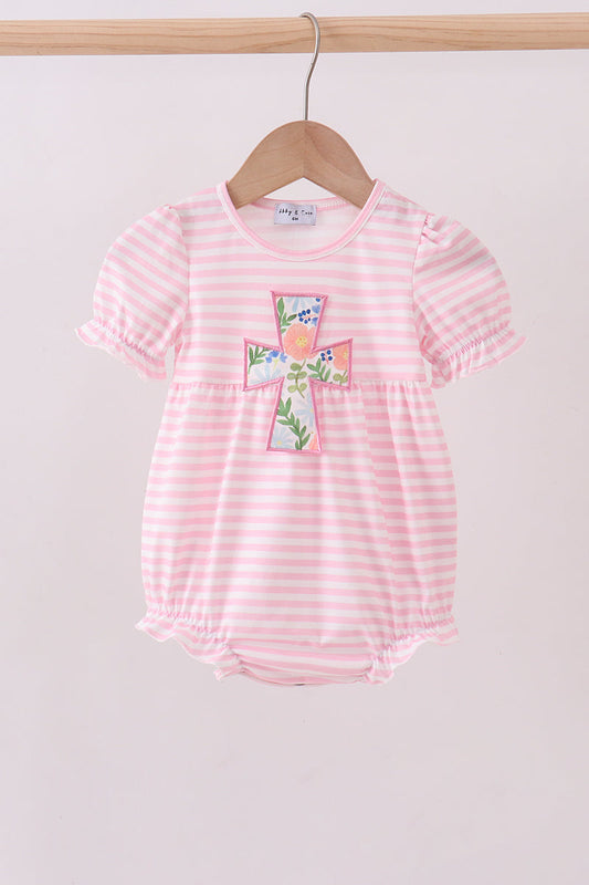 Pink Stripe Cross Applique Bubble