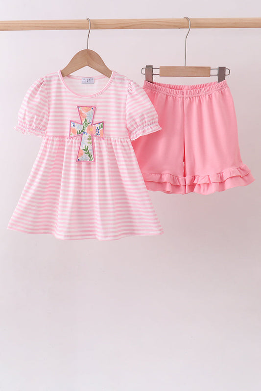 Pink Stripe Cross Applique Ruffle Shorts Set