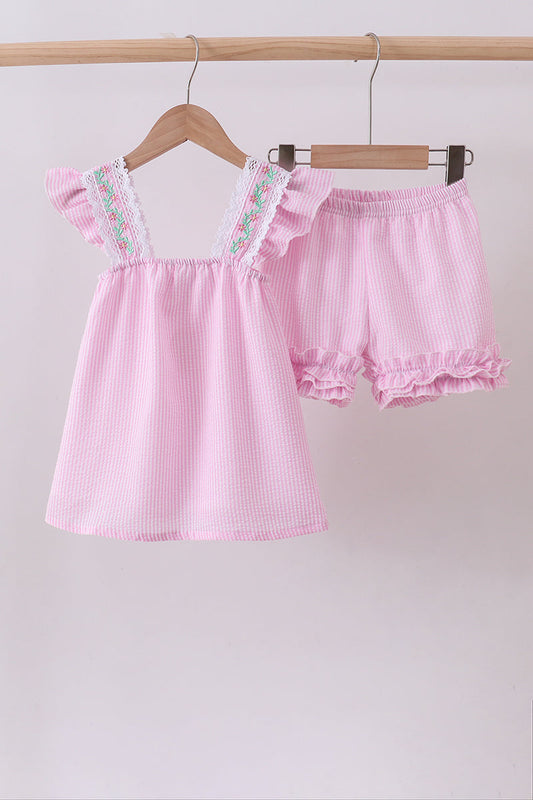 Pink Seersucker Ruffle Shorts Set
