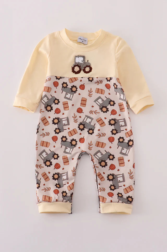 Yellow Tractor French Knot Romper