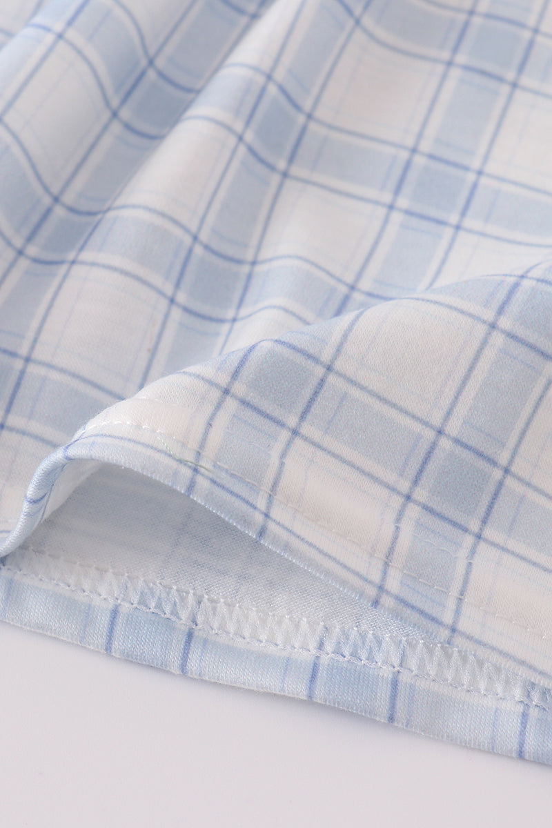 Blue Farm Embroidery Plaid Ruffle Bubble