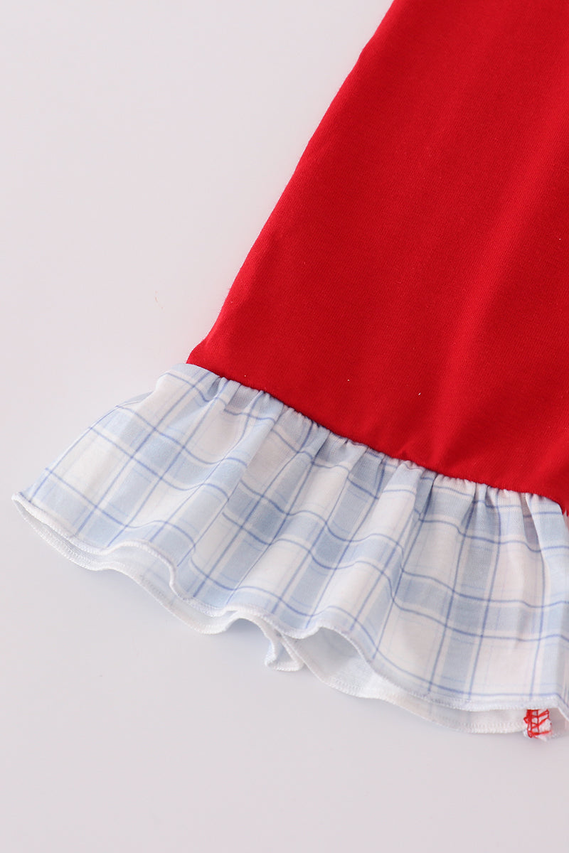 Blue Farm Embroidery Plaid Ruffle Bubble