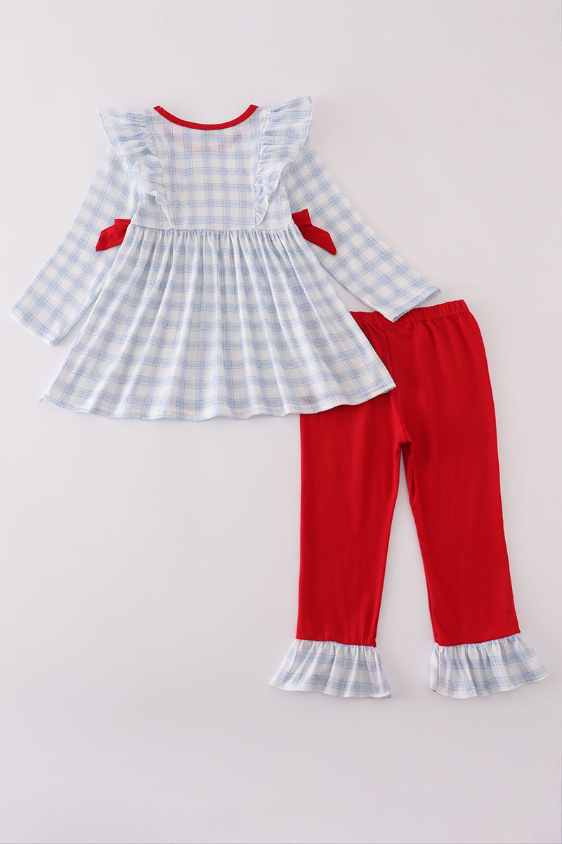 Blue Farm Embroidery Plaid Ruffle Bubble