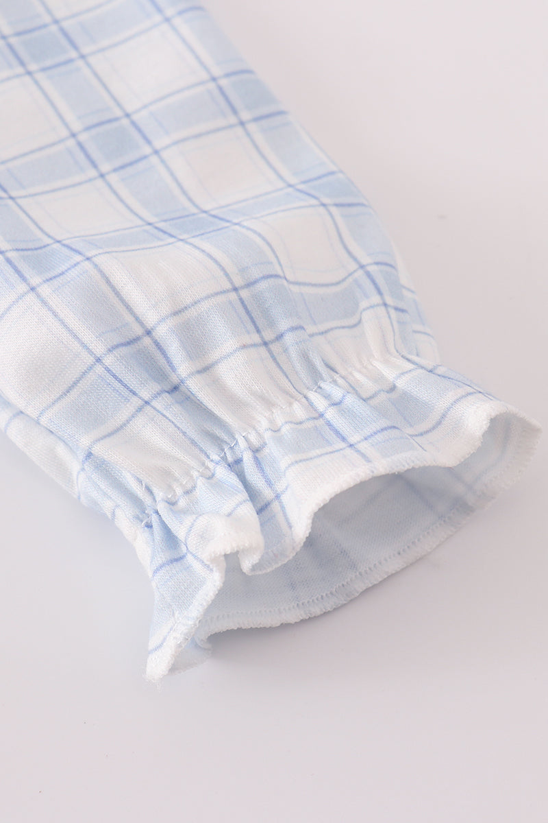 Blue Farm Embroidery Plaid Ruffle Bubble