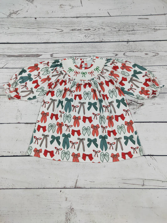 Bows Smocked Girls Christmas Dress