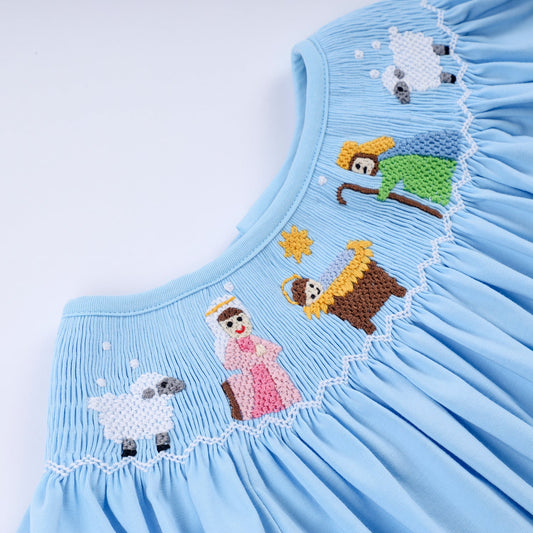 Blue Nativity Hand Smocked Ruffle Pants Set