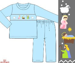 Blue Nativity Hand Smocked Pants Set