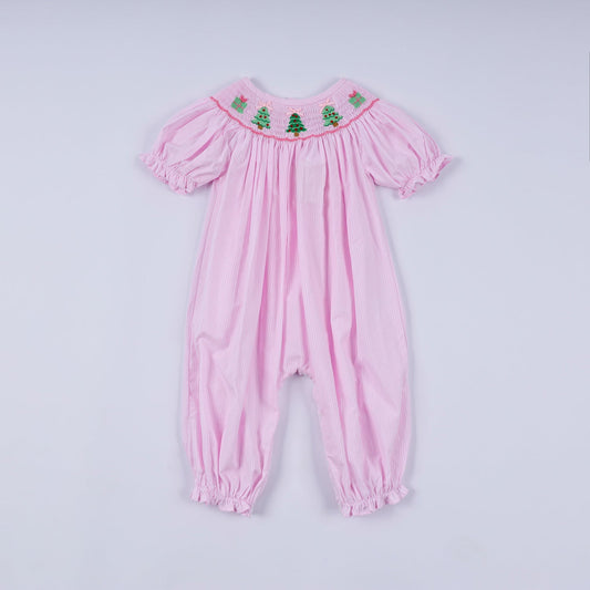 Pink Christmas Tree Hand Smocked Ruffle Romper