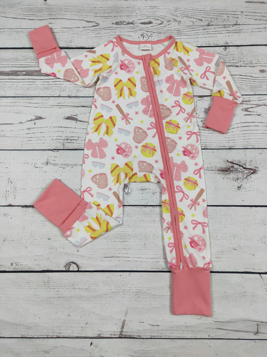 Baby Girls Bows Softball Printed Sleeper
