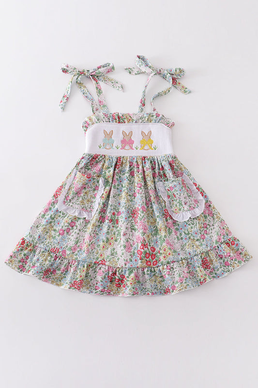 Floral Print Bunny Embroidery Smocked Girl Dress