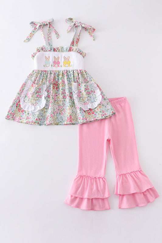 Floral Print Bunny Embroidery Smocked Girl Set