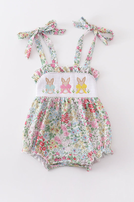 Floral Print Bunny Embroidery Smocked Girl Bubble