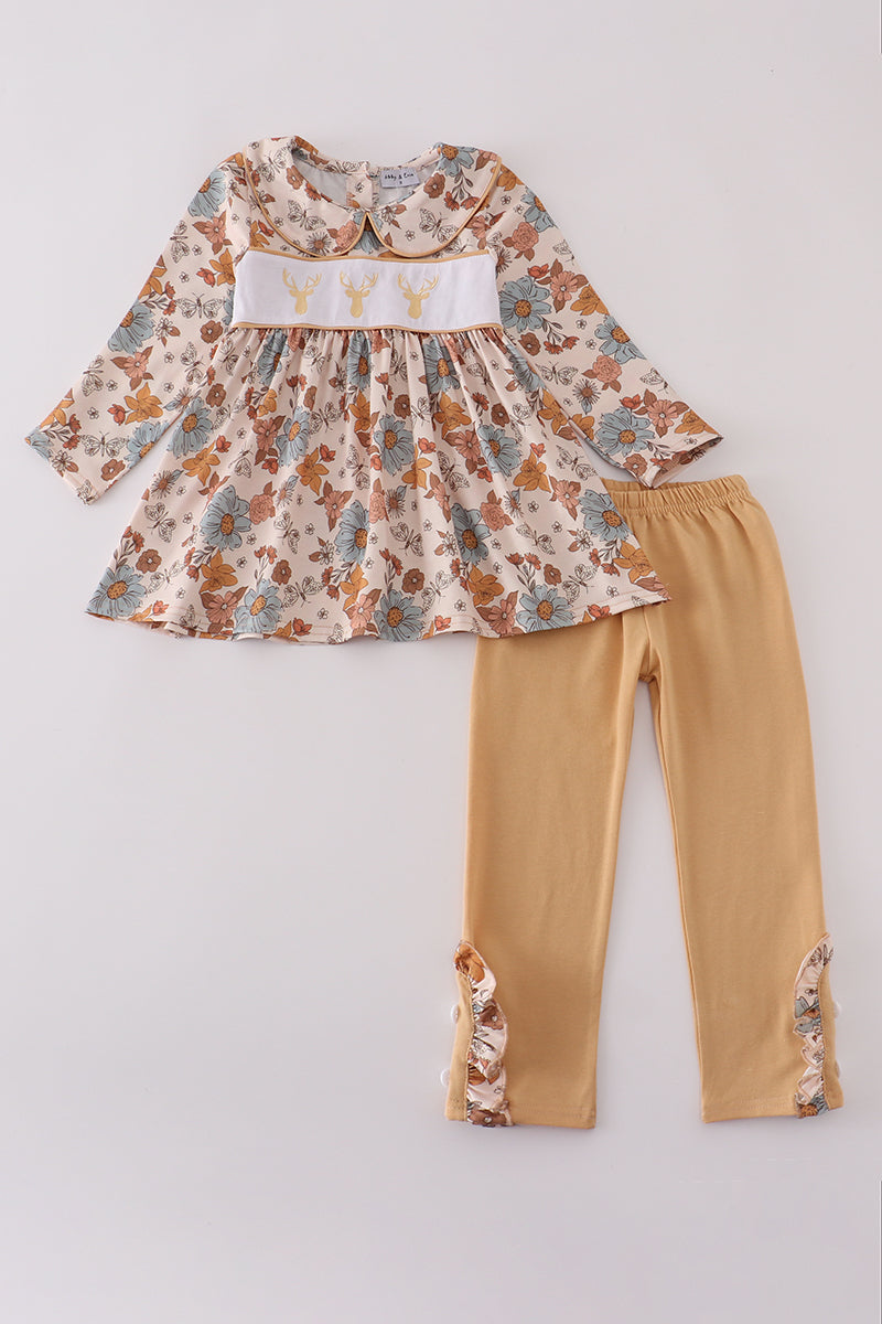Khaki Deer Embroidery Floral Pants Set