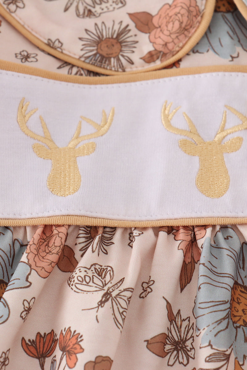 Khaki Deer Embroidery Floral Pants Set