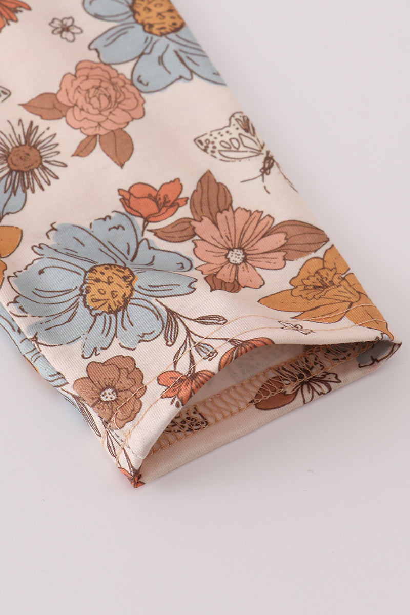 Khaki Deer Embroidery Floral Pants Set