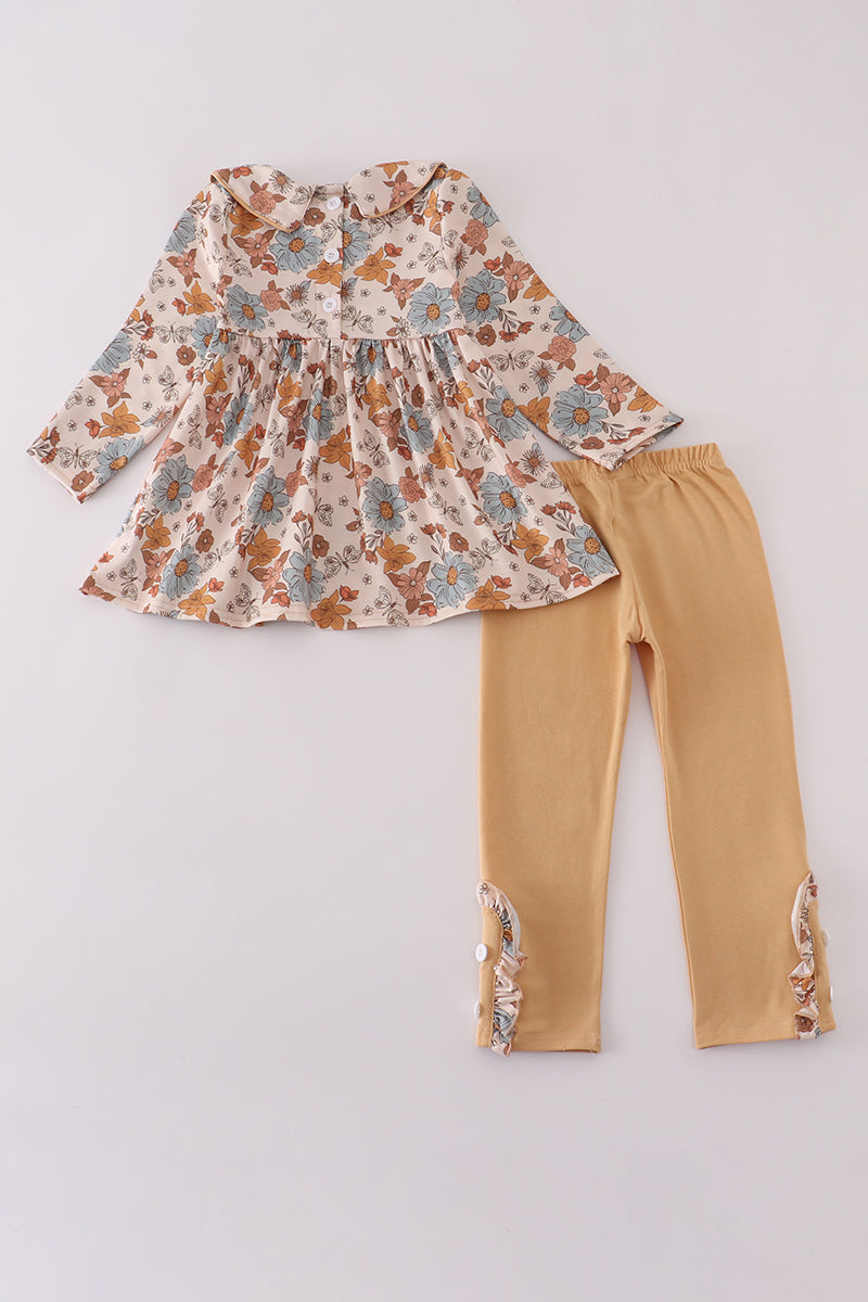 Khaki Deer Embroidery Floral Pants Set