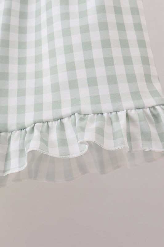 Green Cross Embroidery Gingham Ruffle Shorts Set