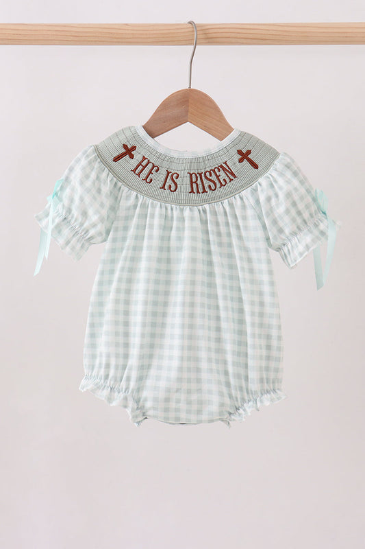 Sage He Is Risen Smocked Gingham Bubble