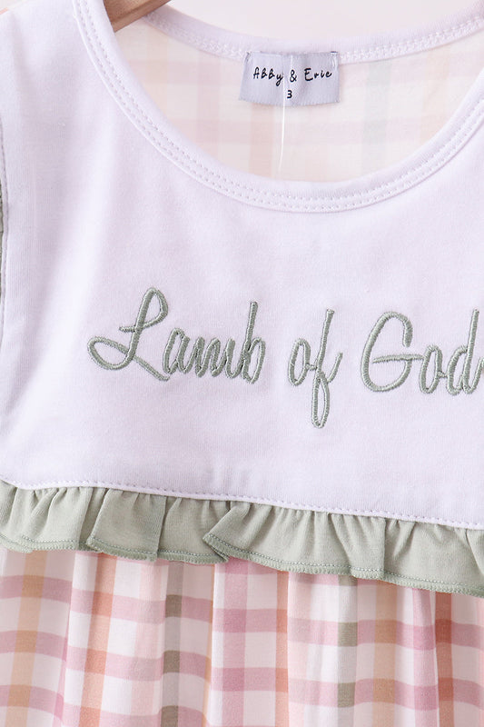 Lamb of God Applique Plaid Ruffle Dress