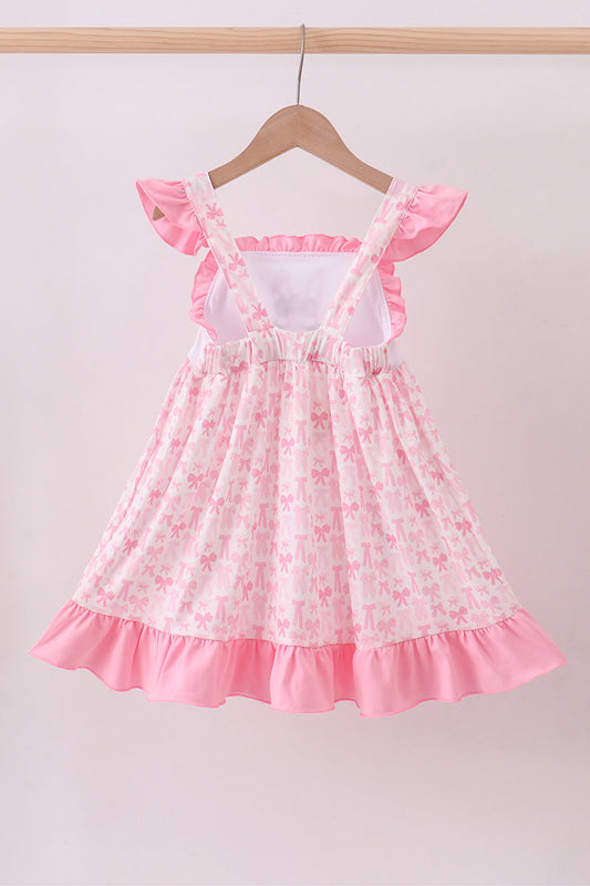 Pink Bow Bunny Embroidery Ruffle Dress