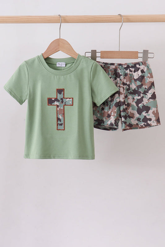 Green Camouflage Cross Applique Shorts Set