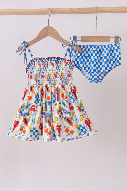 Lemon Lobster Crab Print Smocked Swimsuit Set
