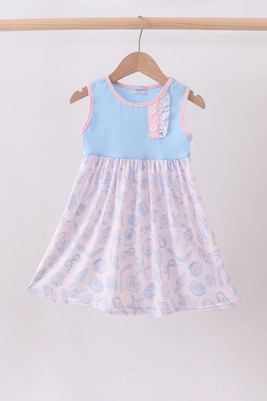 Blue Shell Starfish Print Ruffle Dress