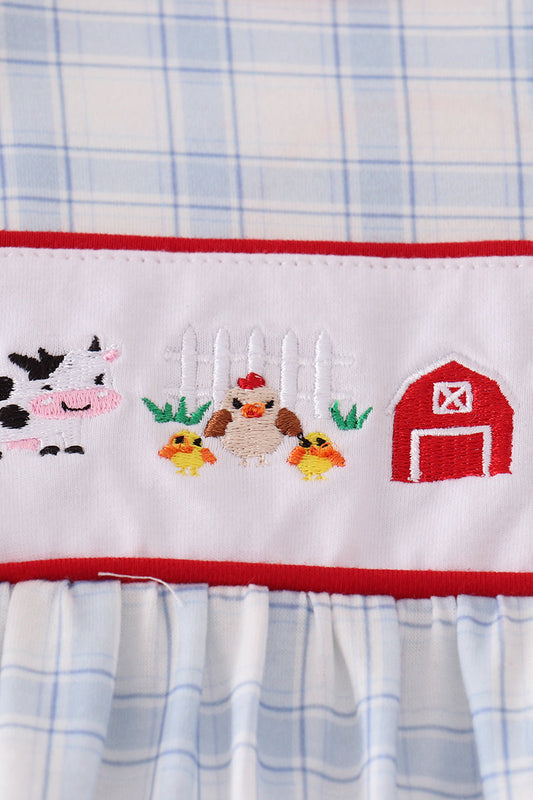 Blue Farm Embroidery Plaid Ruffle Bubble
