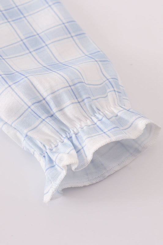 Blue Farm Embroidery Plaid Ruffle Bubble