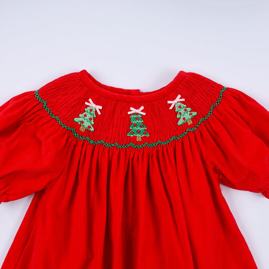 Red Christmas Tree Hand Smocked Dress