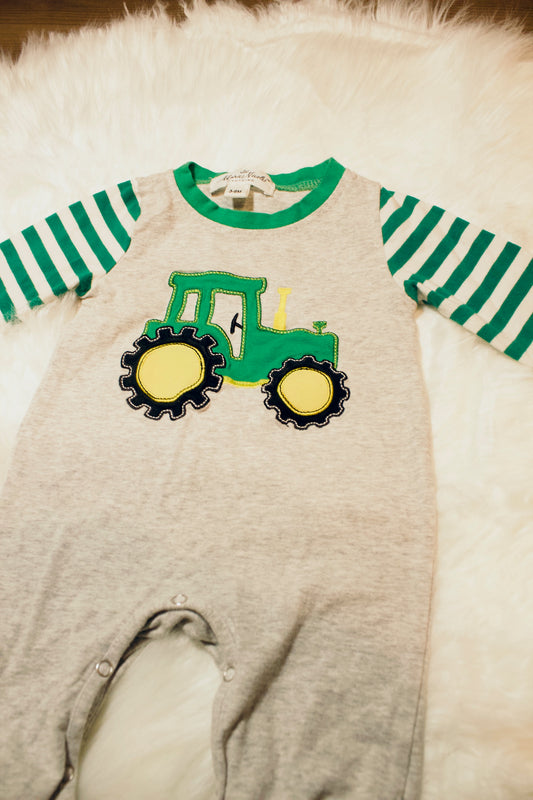 Marie Nicole Clothing Green Stripped Tractor Outfit 3-6m