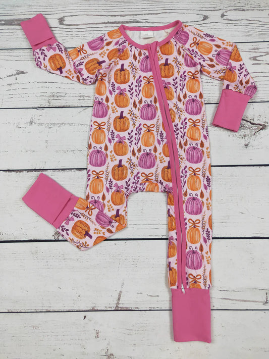 Baby Girl Pumpkin Bow Printed Zipper Sleeper