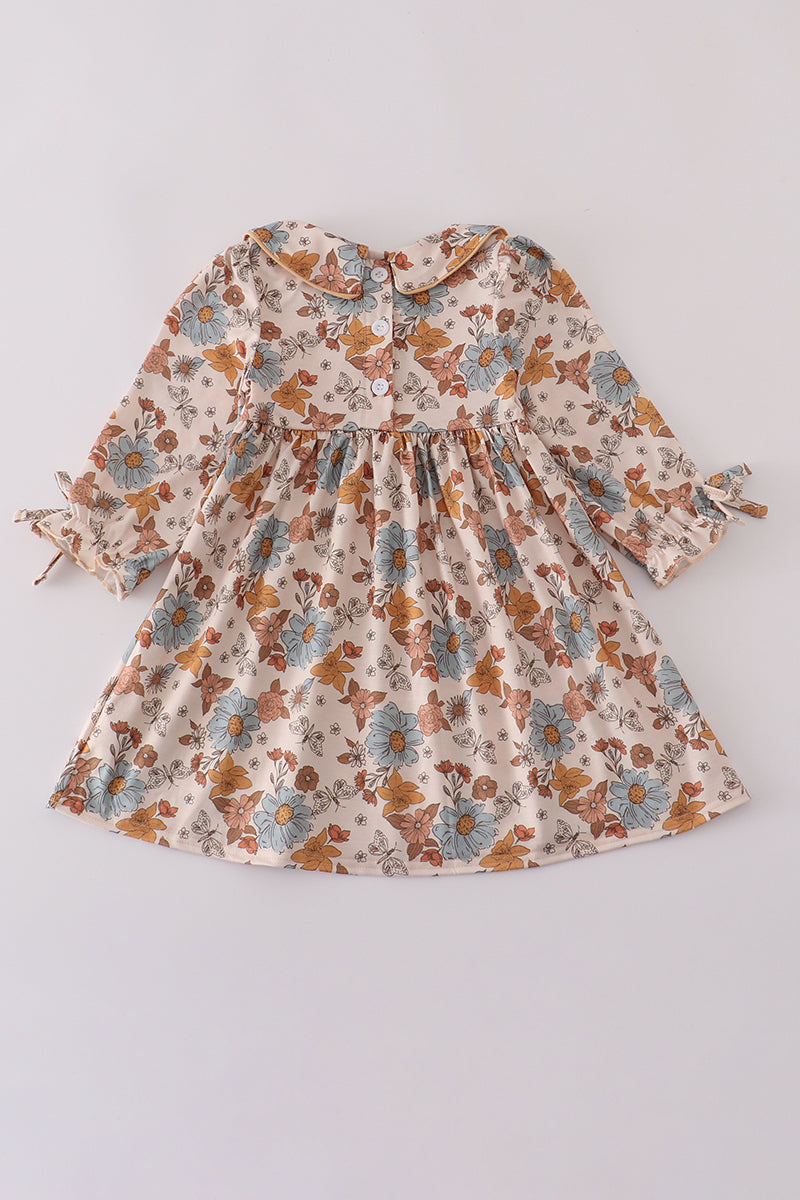 Khaki Deer Embroidery Floral Dress