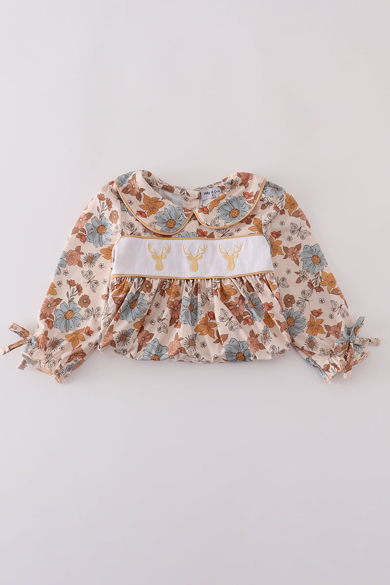 Khaki Deer Embroidery Floral Dress