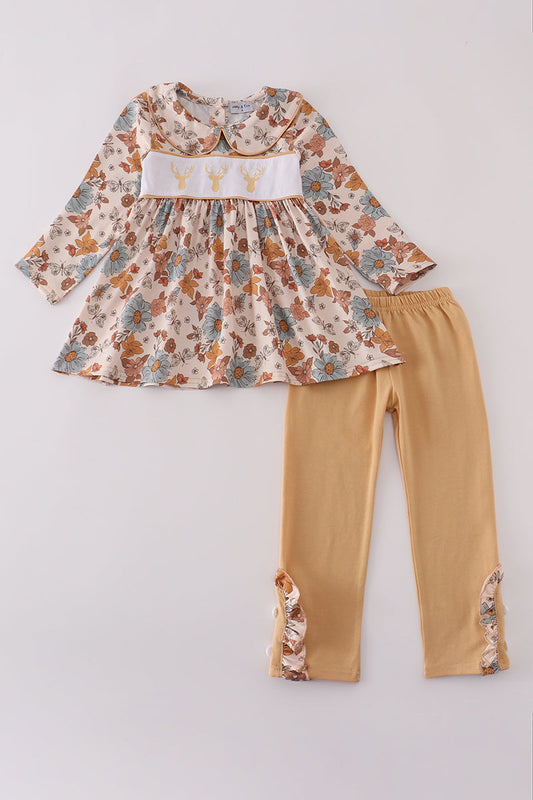 Khaki Deer Embroidery Floral Pants Set