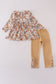 Khaki Deer Embroidery Floral Pants Set