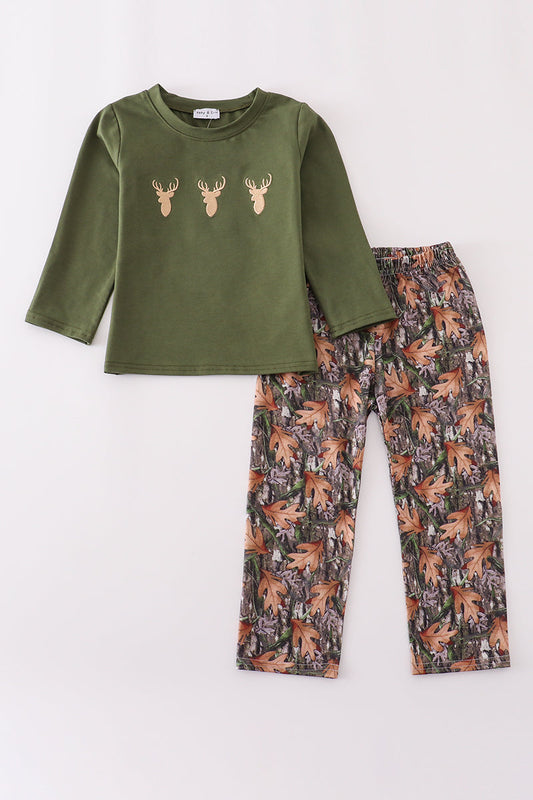 Forest Hunting Deer Embroidery Pants Set