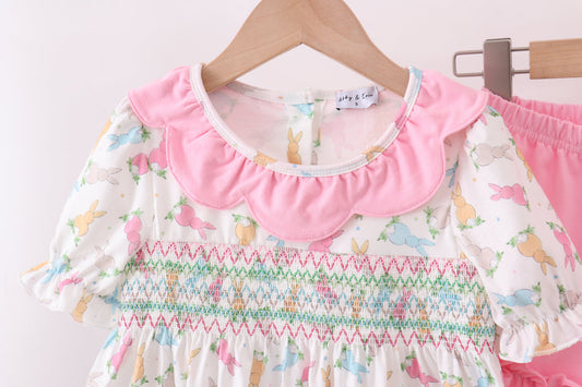 Pink Bunny Smocked Ruffle Shorts Set