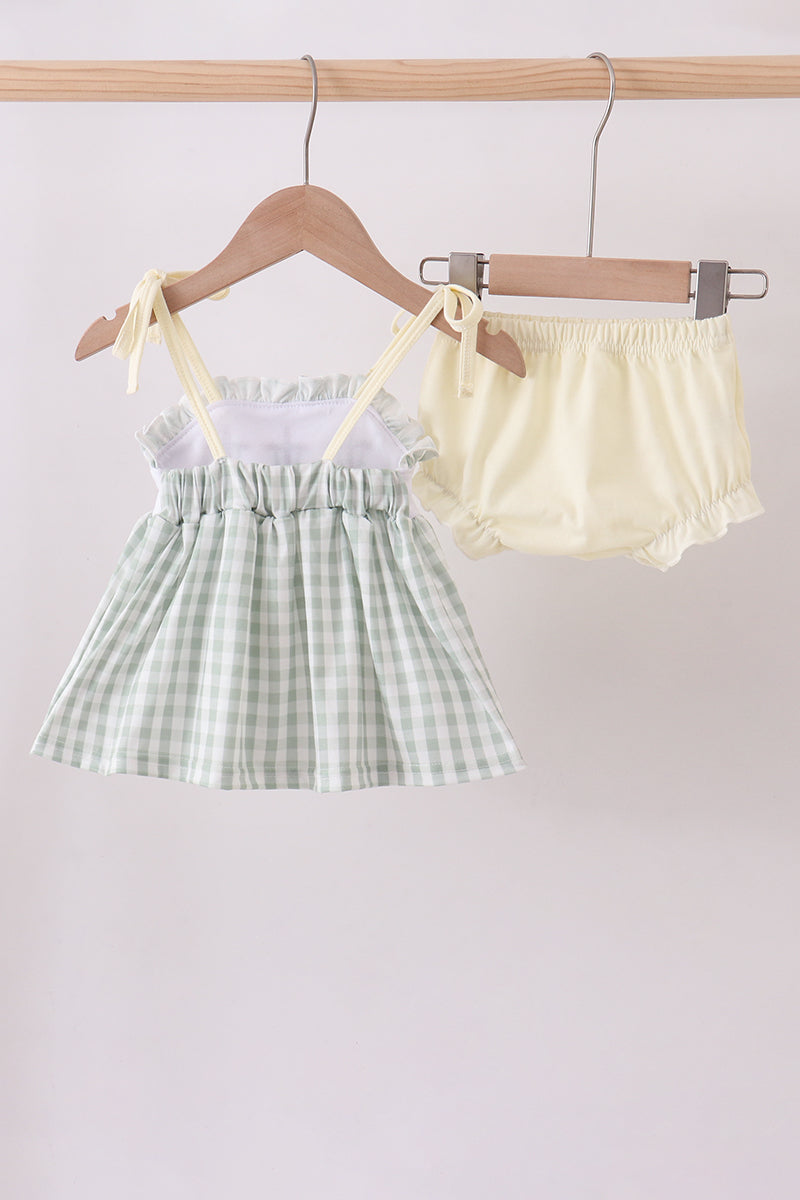 Green Cross Embroidery Gingham Bloomer Set