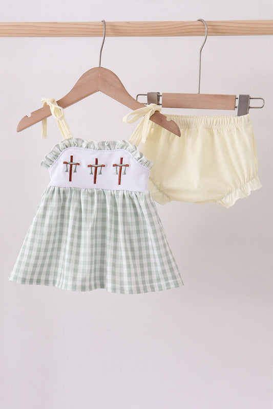 Green Cross Embroidery Gingham Bloomer Set