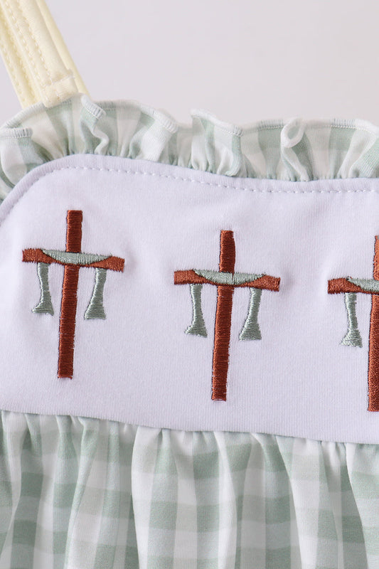 Green Cross Embroidery Gingham Bloomer Set