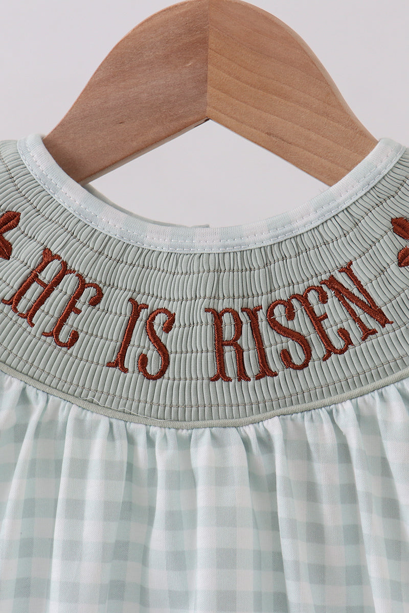 Sage He Is Risen Smocked Gingham Bubble