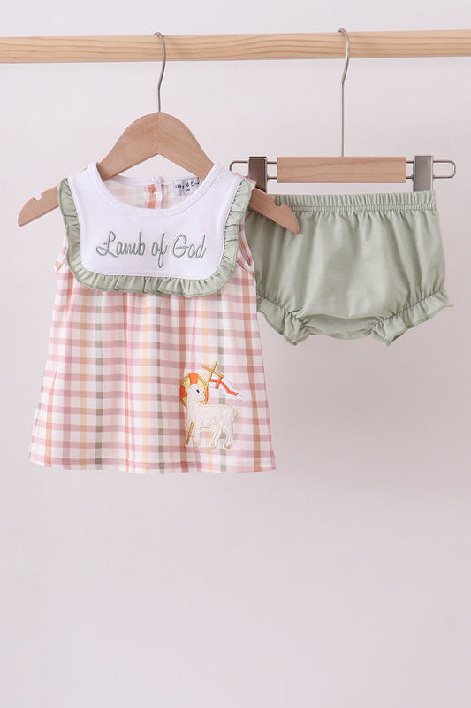 Lamb of God Applique Plaid Bloomer Set