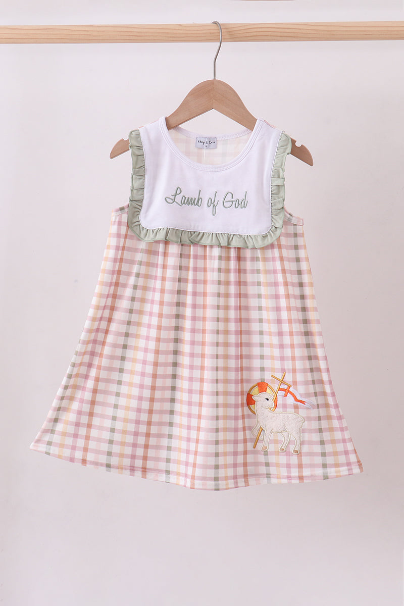 Lamb of God Applique Plaid Ruffle Dress