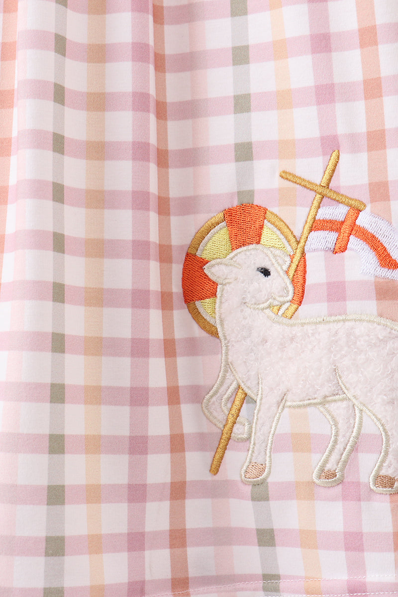 Lamb of God Applique Plaid Ruffle Dress