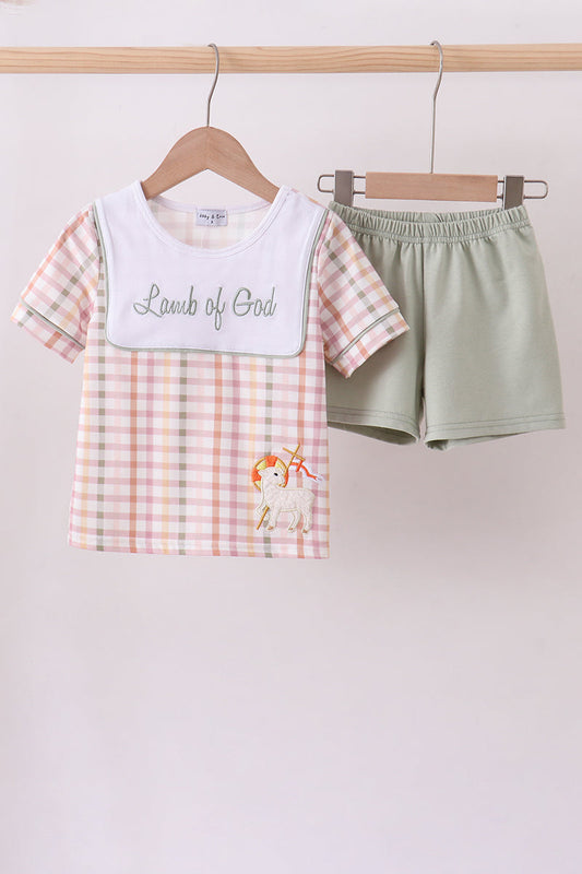 Lamb of God Applique Plaid Shorts Set