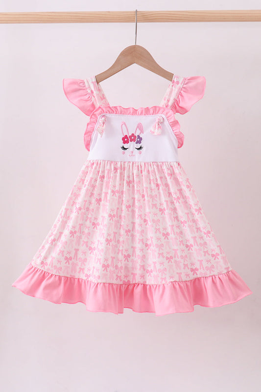 Pink Bow Bunny Embroidery Ruffle Dress